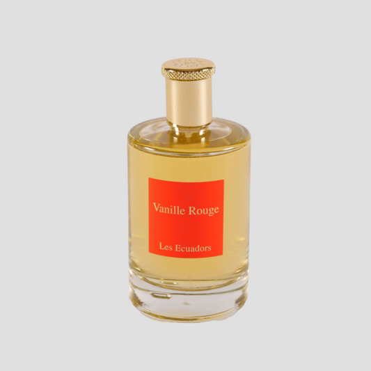 fles parfum vanille rouge merk Les Ecuadors
 met gouden dop en een witte achtergrond