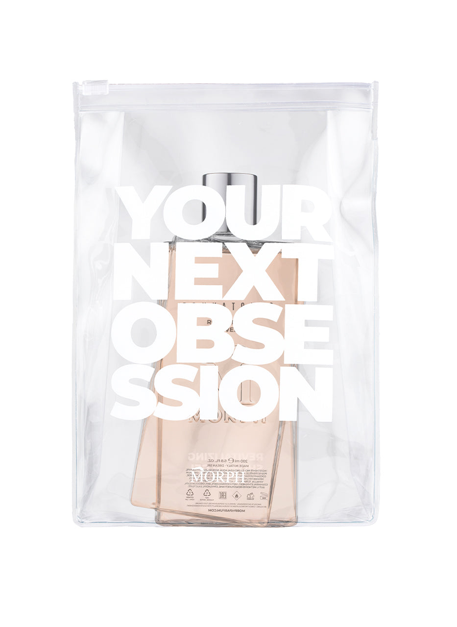 Morph Tonkatonic Douchegel gepresenteerd in doorzichtige gift pouch met de tekst 'Your Next Obsession' – ideaal als cadeau of reisset