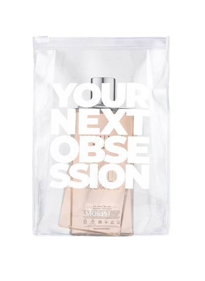 Morph Tonkatonic Douchegel gepresenteerd in doorzichtige gift pouch met de tekst 'Your Next Obsession' – ideaal als cadeau of reisset
