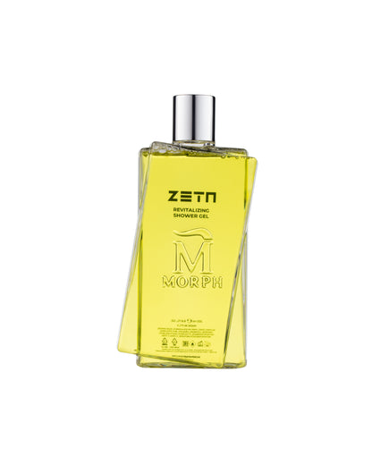Close-up van Morph Zeta douchegel  – toont luxe toepassing en verfrissende geurbeleving