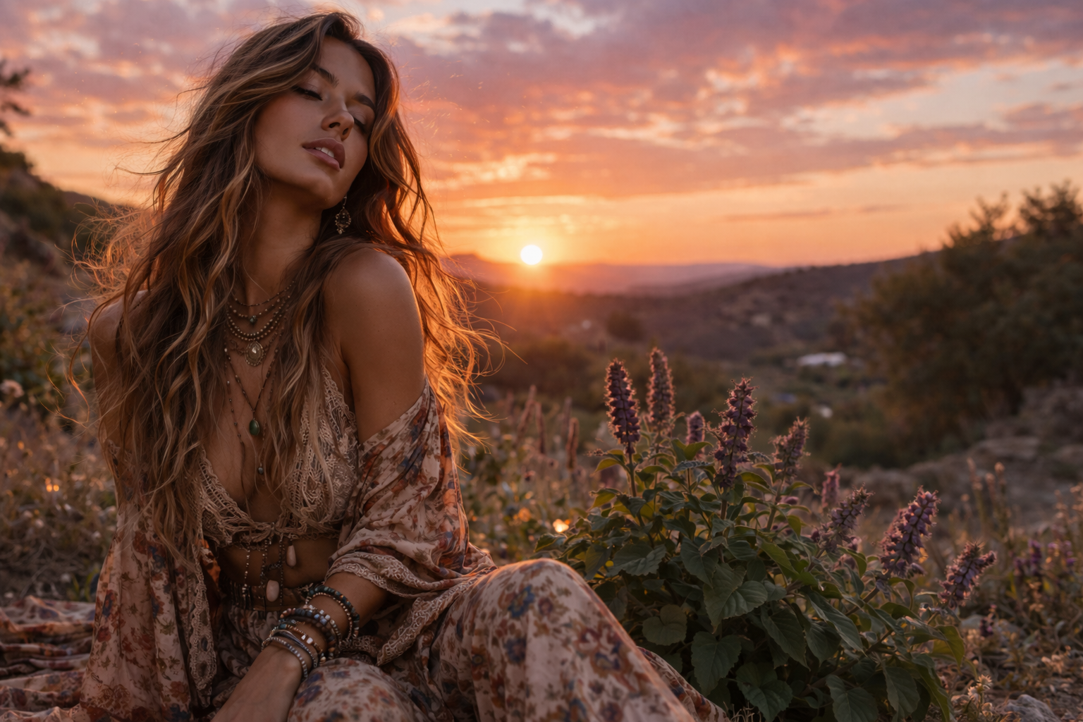 Les Ecuadors patchouli parfum sfeerbeeld met bohemian vrouw in warme zonsondergang natuur